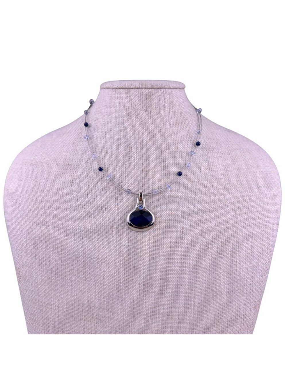 Lia Sophia Women Silver Tone Necklace W/ Blue Pendant Adjustable Length Jewelry